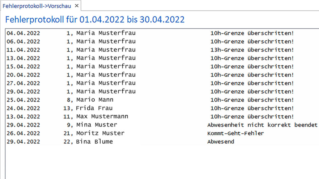 Fehlerprotokoll in asut.timework © asut