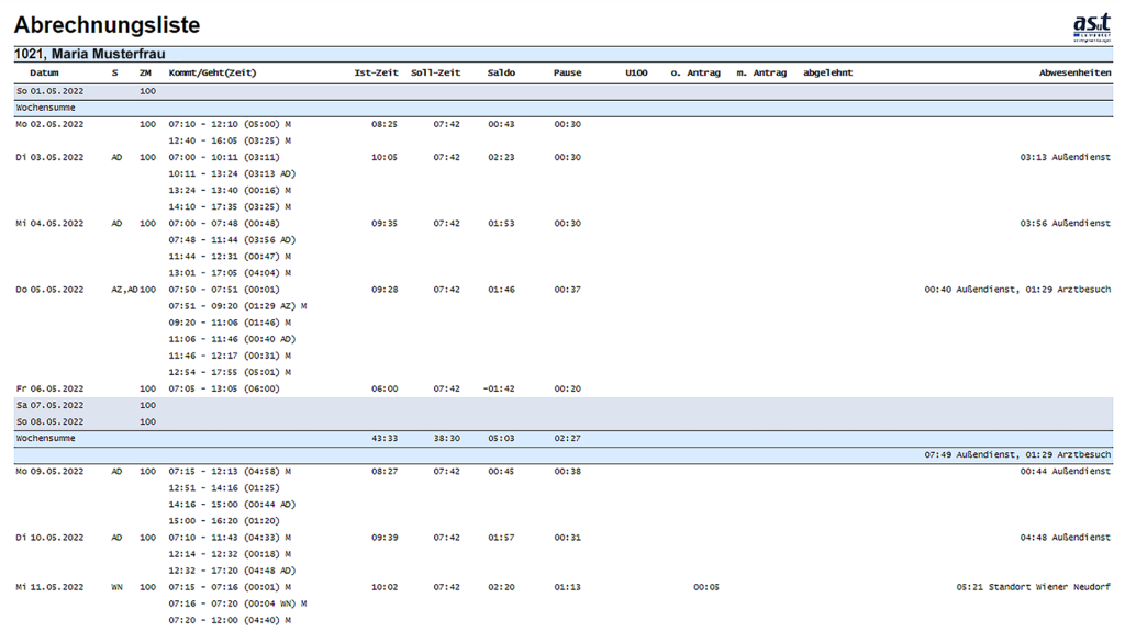 Abrechnungsliste in asut.timework © asut