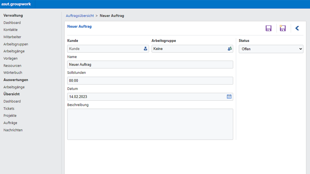 Eingabemaske für neue Aufträge in asut.groupwork