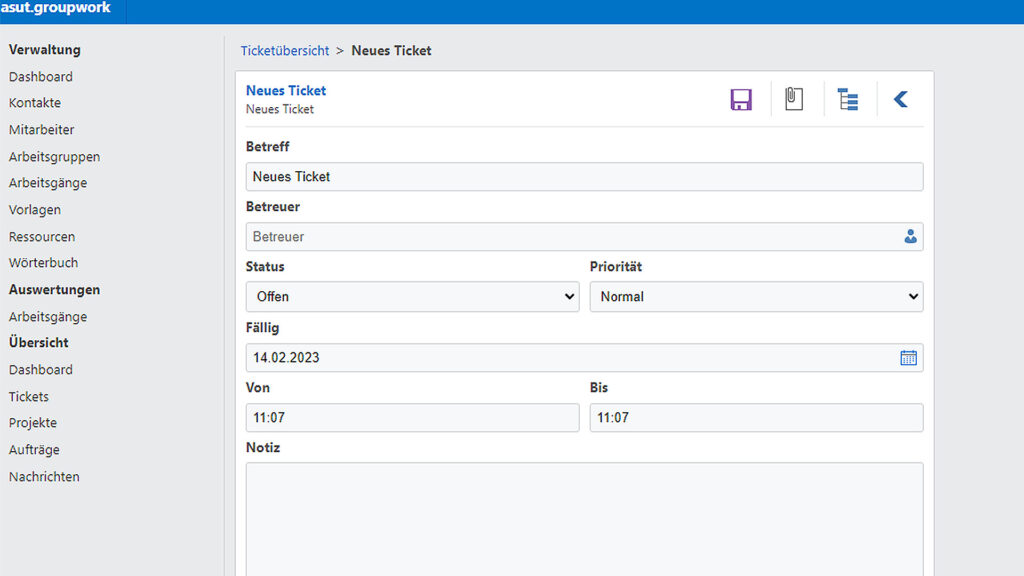 Eingabemaske für neue Tickets bei asut.groupwork