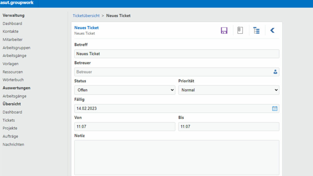 Eingabemaske für neue Tickets in asut.groupwork