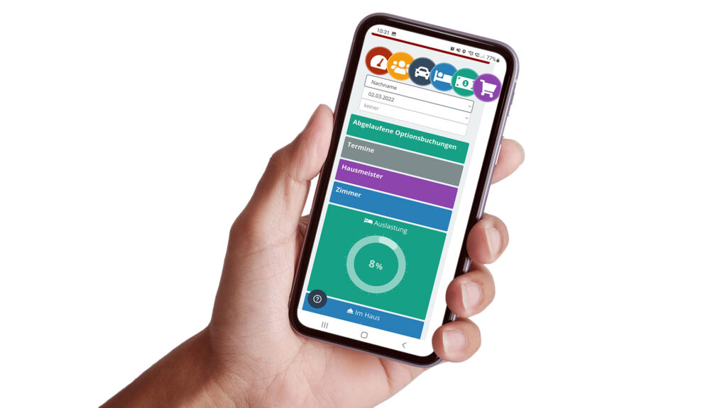 Handy mit Screenshot von der Hotelsoftware