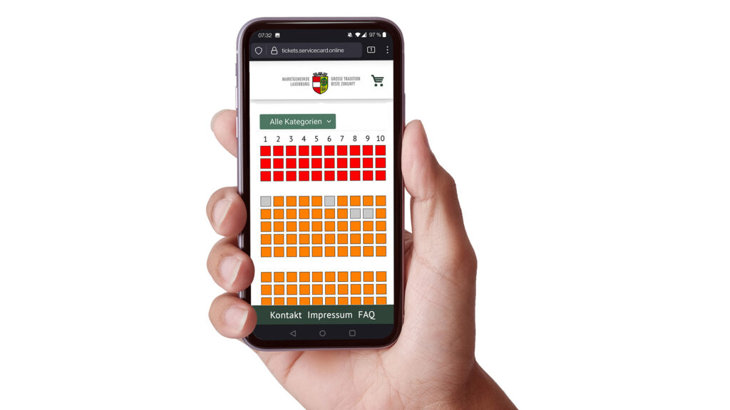 Online-Ticketsystem - Smartphone mit Screenshot von Sitzplan - asut.servicecard